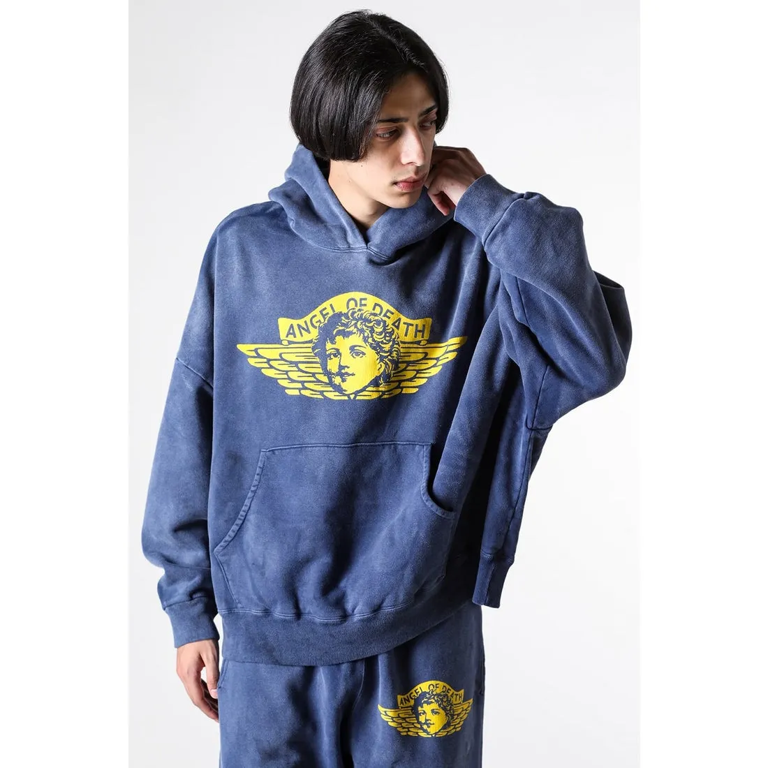 SAINT M×××××× ANGEL HOODIE/NAVY Angel Reborn Blue Hoodie Washed Blue S-XL Assute Garment Dyeing Full Clothes Water Fading Mud Dyeing Dirty Distress New Vintage Ceiling God Tailoring Original Super Loose Fit Customized Original Accessories God-level Print Restoration